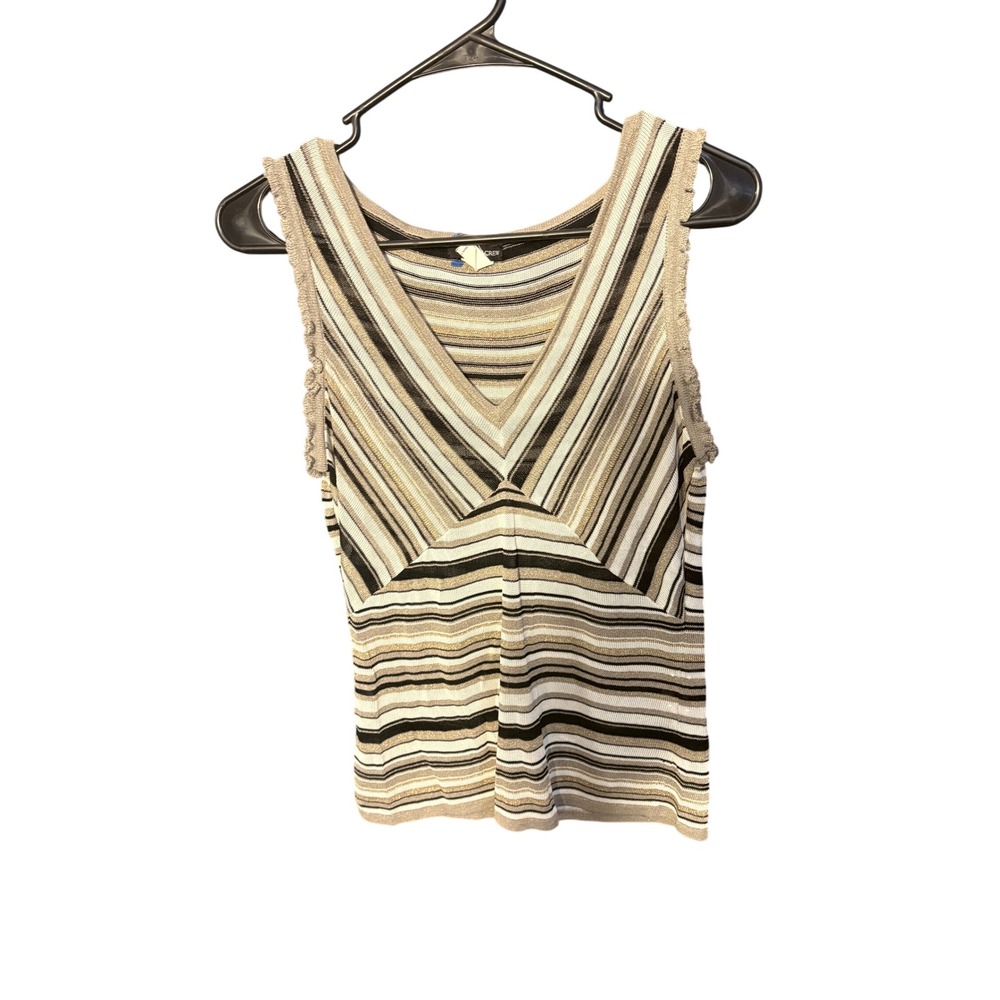 J.Crew Y2K Small Metallic Striped Knit Tank Top V-Neck Ruffle Trim Gold Silver